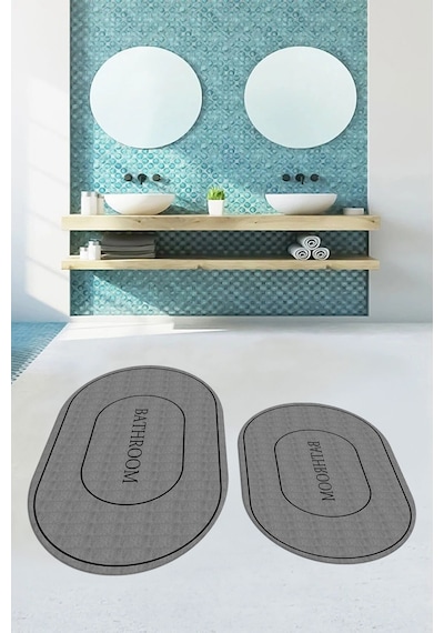 Buççin Online Mağaza Dijital Baskılı Yıkanabilir Kaymaz Sade Bathroom Yazılı Oval Banyo Paspası Klozet Takımı Polipropile Çok Renkli