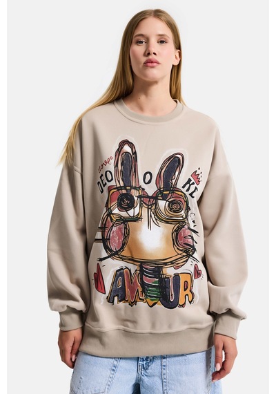 Itsbasic Kadın Ekru Bej W5 Oversize Baskılı %100 Koton Organik Kumaş Sweatshirt