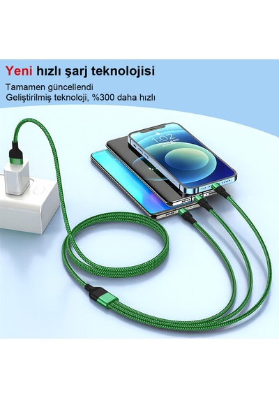 3 Lü 1.2m 6a 66w Hızlı Şarj Kablosu 300% Daha Hızlı 6 Çipli 2000+ Bükülme Testli 1.2M 3ın1