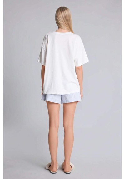 Defacto Oversıze Şortlu Kısa Kollu 2li Poplin Pijama Takımı I1145ax26hsbe162 Mavi-be162