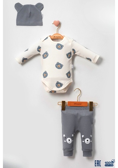 Babydonat Kulaklı Ayıcık % 100 Pamuk 3'lü Erkek Bebek Takımmmm Gri