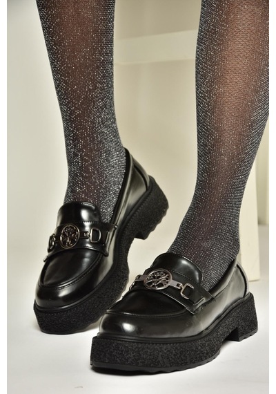 Fox Shoes T996191208 Siyah Rugan Kalın Tabanlı Kadın Ayakkabı Siyah-rugan Siyah