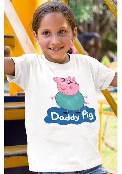 Sevbano Baba Pig Peppa Pig Baskılı Unisex Çizgi Film Çocuk Tişört 1-12 Y Beyaz
