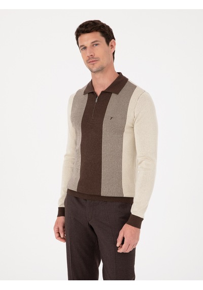 Cacharel Kahverengi Slim Fit Pamuk Karışımlı Fermuarlı Polo Yaka Triko Kazak