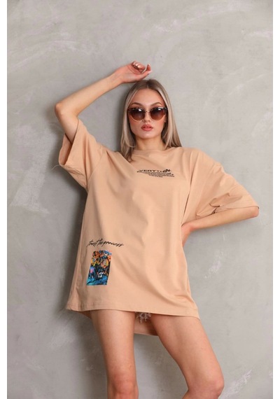 Wear Vexel Kadın Bisiklet Yaka Baskılı Oversize Kısa Kol T-shirt - Bej Bej