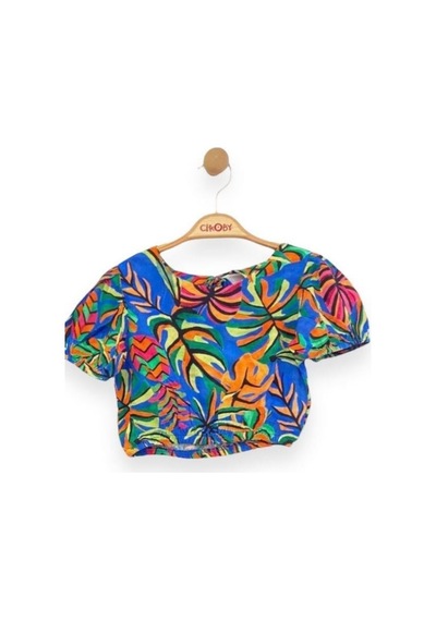 Kız Çocuk Desenli Crop Bluz-13759-mavi Mavi