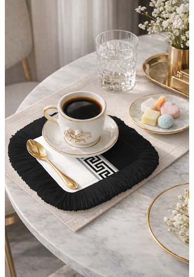 Yunan Motifli Saçaklı Kahve Yanı Servis Peçetesi - Geometrik Lüks Modern Siyah Beyaz Sunum Mendili Çok Renkli