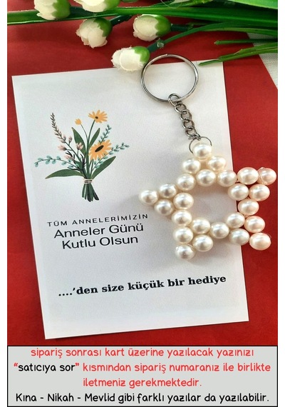 Anneler Günü için Çiçek Buketi Kartlı İnci Yıldız Anahtarlık 20 Adet