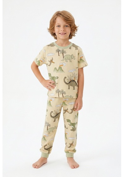 Bunny Hopp Yazlık Kısa Kollu Erkek Çocuk Pijama Takımı Safari Desenli %100 Pamuk Bej