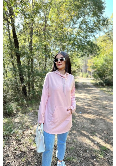 WeShaya Kadın Pudra Uzun Kol, Yakası Bağcıklı, Kapüşonlu, Kanguru Cep, Salaş, Uzun Tunik Sweatshirt Pudra