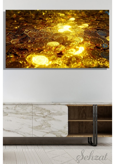 Duvar Tablosu Panoramik Yatay Kanvas Tekli Salon Ofis 3d Altın Sikke Kuyumcu Zenginlik Parlak