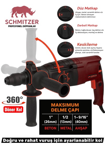 Schmıtzer Sch-2603k Pro 850 W Sds Plus Metal Şanzuman Profesyonel Darbeli Matkap Kırıcı Delici 26mm Hilti