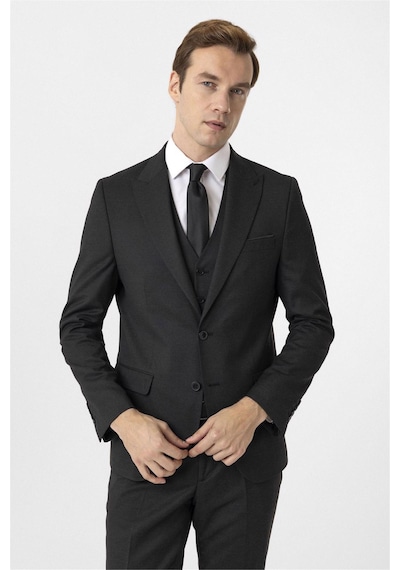 Süvari Siyah Slim Fit Armürlü Sivri Yaka 6 Drop Yelekli Klasik Takım Elbise-35629 Siyah