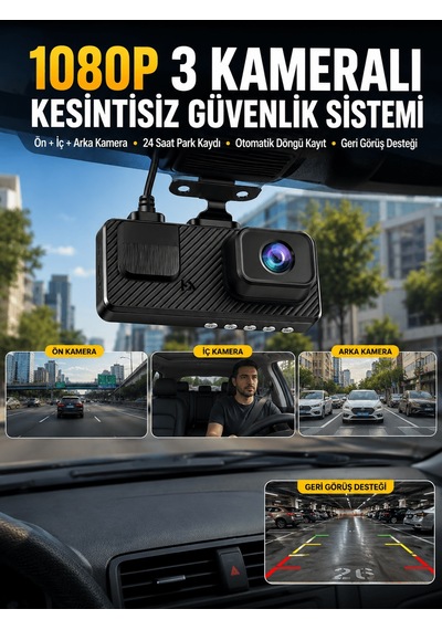 3 Kameralı Araç İçi Dvr Kayıt Cihazı Ön İç Arka Kamera Full