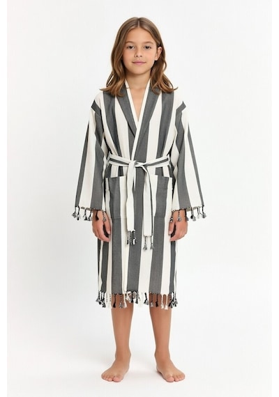 Çocuk Striped Peştamal Bornoz %100 Pamuk Unisex Siyah