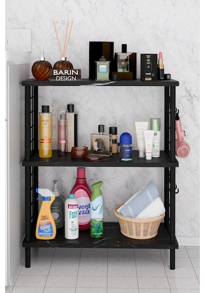 3raflı Telli Çevir Kur Çok Amaçlı Banyo Rafı Dolabı Metal Gövdeli Organizer Düzenleyici Saklama Rafı Siyah