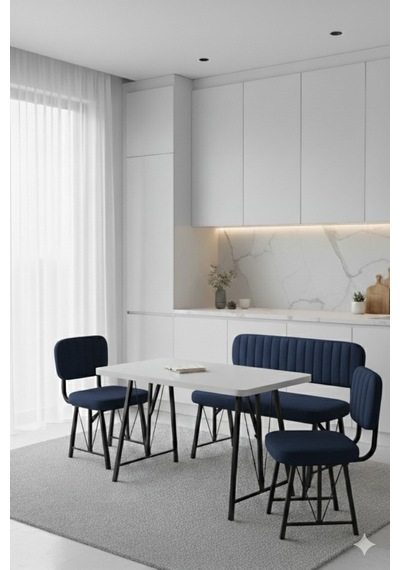 Elfin 70x110 Beyaz Sabit, 2 Sandalye 1 Bench, Masa Sandalye Takımı, Mutfak Masası Takımı - Lacivert Elfin 70x110 Beyaz Sabit, 2 Sandalye 1 Bench, Masa Sandalye Takımı, Mutfak Masası Takımı - Lacivert