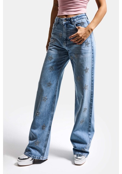 Itsbasic Kadın Mavi T1-12s6-99 Straight Fit Parlak Yıldız Taşlı Özel Tasarım Denim Jean
