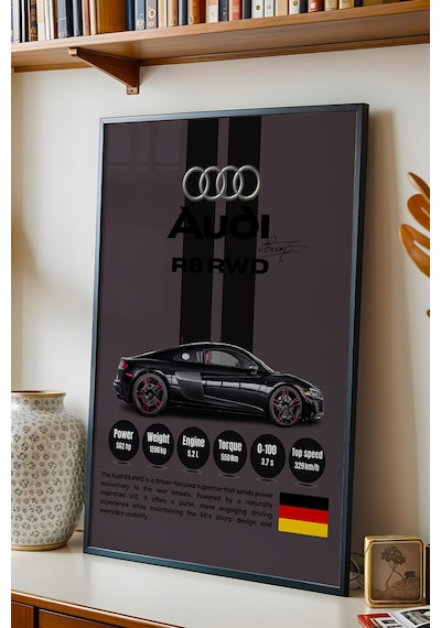 Audi R8 Rwd Premium Spor Araba Çerçeveli Tablo - Teknik Özellikli Otomobil Sever Duvar Dekoru Siyah