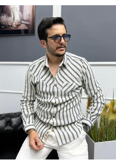 Avni Ceylan Dokuma Triko Detaylı %100 Pamuk Erkek Gömlek Lacivert