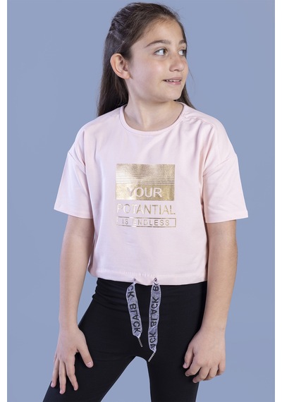 Toontoy Kids Toontoy Kız Çocuk Crop Model Kordon Detaylı Varak Baskılı Tişört Pudra