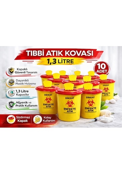 Tıbbi Atık Kovası 1,3 Litre 10 Adet Kapaklı Tıbbi Atık Kutusu Enfekte Atık Kovası Seti Siyah