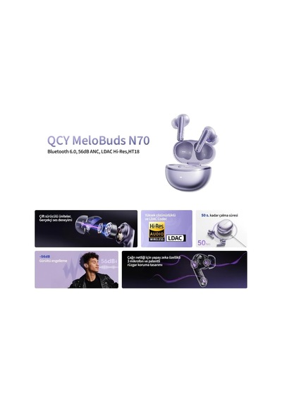 Melobuds N70, Bluetooth 5.2, Kulak İçi Kulaklık, Siyah, Hi-res Audio, Ldac, 50db Hibrit Anc, 50 Saat Pil Ömrü, Kablosuz Şarj