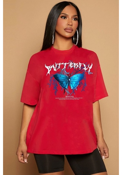 Uyguntarz Unisex Blue Butterfly Baskılı T-shirt Kırmızı
