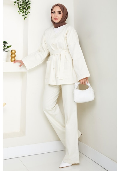 Bestenur Kemerli Ceket Pantolon Gabardin Takım 1557 - Ekru Ekru