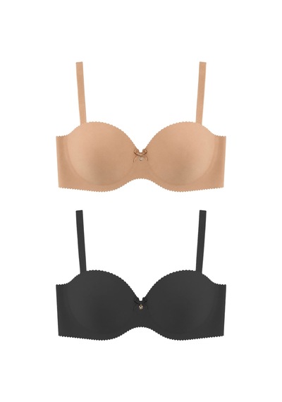 Cottonill Seamless Bra - Serina Balenli Lazer Kesim Yarım Dolgulu Push Up Straplez Kadın Sütyen 2'li Paket Çok Renkli