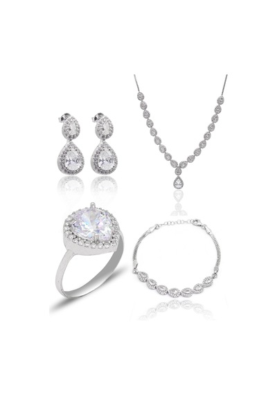 Zirkon Taşlı Damla Model 925 Ayar Gümüş Kadın Dörtlü Set 201025662