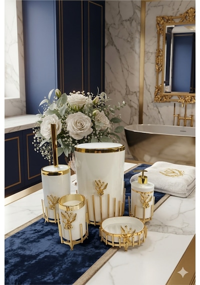 Makri Home Gold Kaplama Metal Stantlı 5 Parça Mermer Desenli Ve Düz Renk Seçenekli Banyo Aksesuar Takımı Beyaz