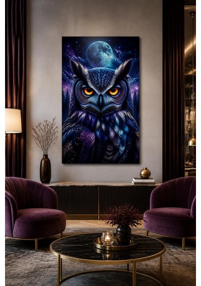 Baykuş Desenli Baskılı Cam Tablo Gizemli Gece Uv Baskı Duvar Dekoru