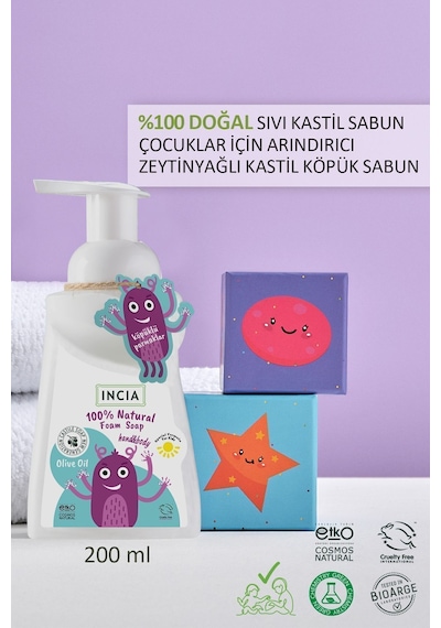 INCIA %100 Doğal Köpük Kastil Sabunu Çocuklar İçin Zeytinyağlı 10 Bitkisel Değerli Yağ Vegan 200 ml