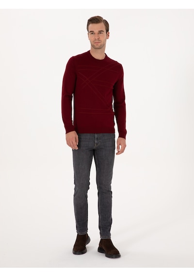 Cacharel Koyu Bordo Slim Fit Yün Karışımlı Bisiklet Yaka Triko Kazak
