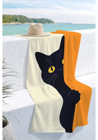 Kedi Figürlü Modern Plaj Havlusu-minimalist Siyah Turuncu Havuz Deniz Hızlı Kuruyan Mikrofiber Havlu Pastel Çiçeği