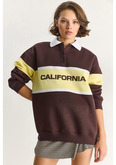 Shade Kadın Polo Yaka Düğmeli California Yazılı Nakış Detaylı Oversize Kadın Sweatshirt 10009 60283563 - Kahverengi