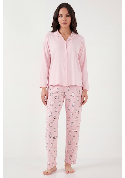 Lela Desenli Regular Fit Apaş Yaka Beli Lastikli Bol Paça Bayan Pijama Takımı 65714300 Açık Pembe Lela Desenli Regular Fit Apaş Yaka Beli Lastikli Bol Paça Bayan Pijama Takımı 65714300 Açık Pembe