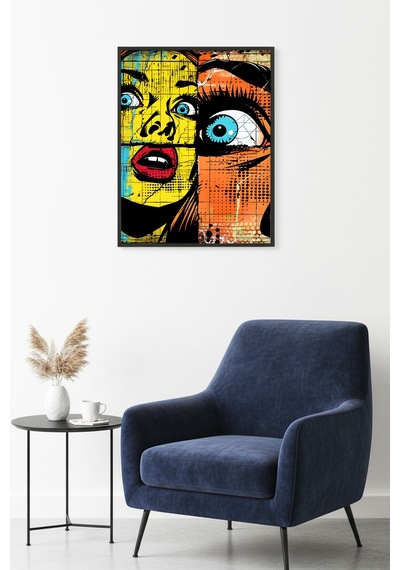 Doğal Ahşap Çerçeveli Soyut Pop Art Desenli Tablo - Sarı-mavi Huhu1787