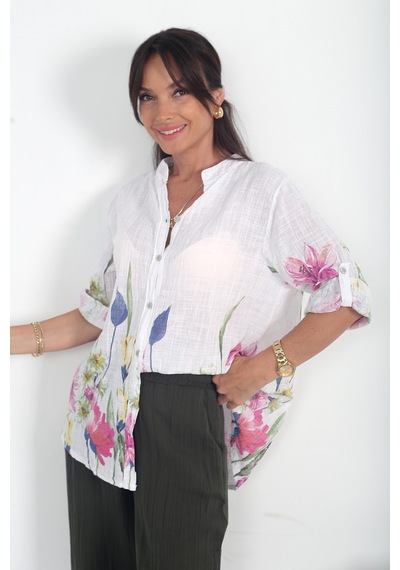 By Saygı Kadın İtalyan Etek Uçları Ve Kolları Büyük Çiçekli Oversize Cotton Gömlek Beyaz