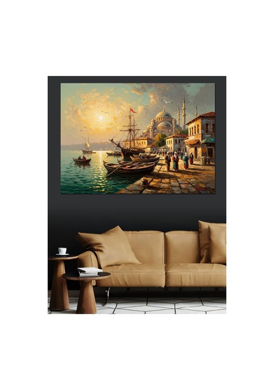 Deniz Kıyısında Cami Ve Gemiler Yağlı Boya Dokulu Kanvas Tablo Canvas Tablosu