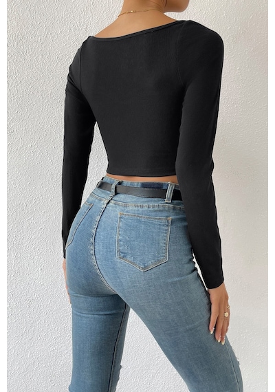 Angbutik Kadın Siyah Uzun Kol Göğüs Dekolteli Şık Crop Top Bluz