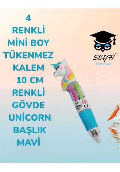 4 Renkli Mini Boy Tükenmez Kalem 10 Cm Renkli Gövde Unicorn Başlık Mavi