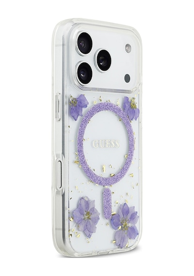 Apple Uyumlu iPhone 17 Pro Kılıf Guess Lisanslı M-safe Şarj Özellikli Transparan Resin Flowers Kapak Mor Mor