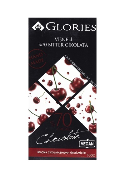 Glorıes Tablet Çikolata 100g Vişne Kakao - Vegan Bitter Çikolata 4'li Avantaj Paketi - 4 Adet Tarı