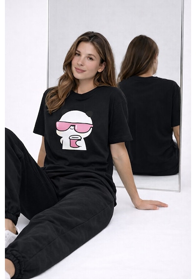 Sevgili Kombini Panda Bardak Baskılı Çift Tişört Oversize Unisex Siyah