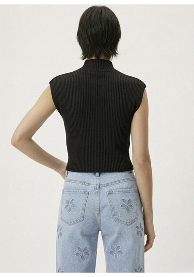Neden Tekstil Kadın Yarım Balıkçı Yaka Fitilli Triko Kolsuz Crop Bluz - Siyah