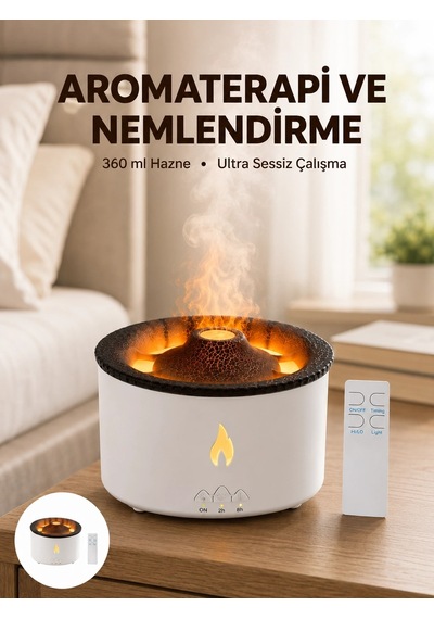 Mey İthalat Alev Efektli Aromaterapi Difüzörü 360 Ml Su Hazneli, Sessiz Ve Zaman Ayarlı Yeni Nesi