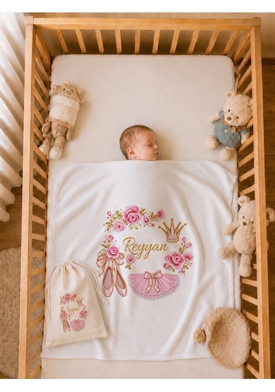Kız Bebek Doğum Hediyesi İsme Özel 80x80 Cm Bebek Battaniyesi 35x45 Cm Yastık Kılıfı Ham Bez Kıyafet Kesesi 2090ybk3x Krem