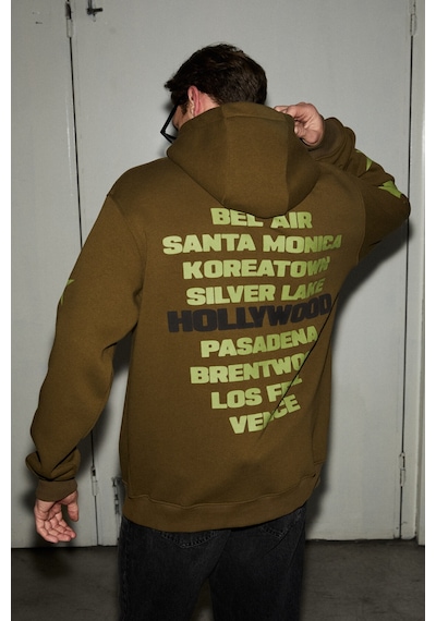 Grimelange Tuxon Erkek Yumuşacık İçi Polarlı Baskı Detaylı Kangru Cepli Regular Haki Sweatshirt Haki